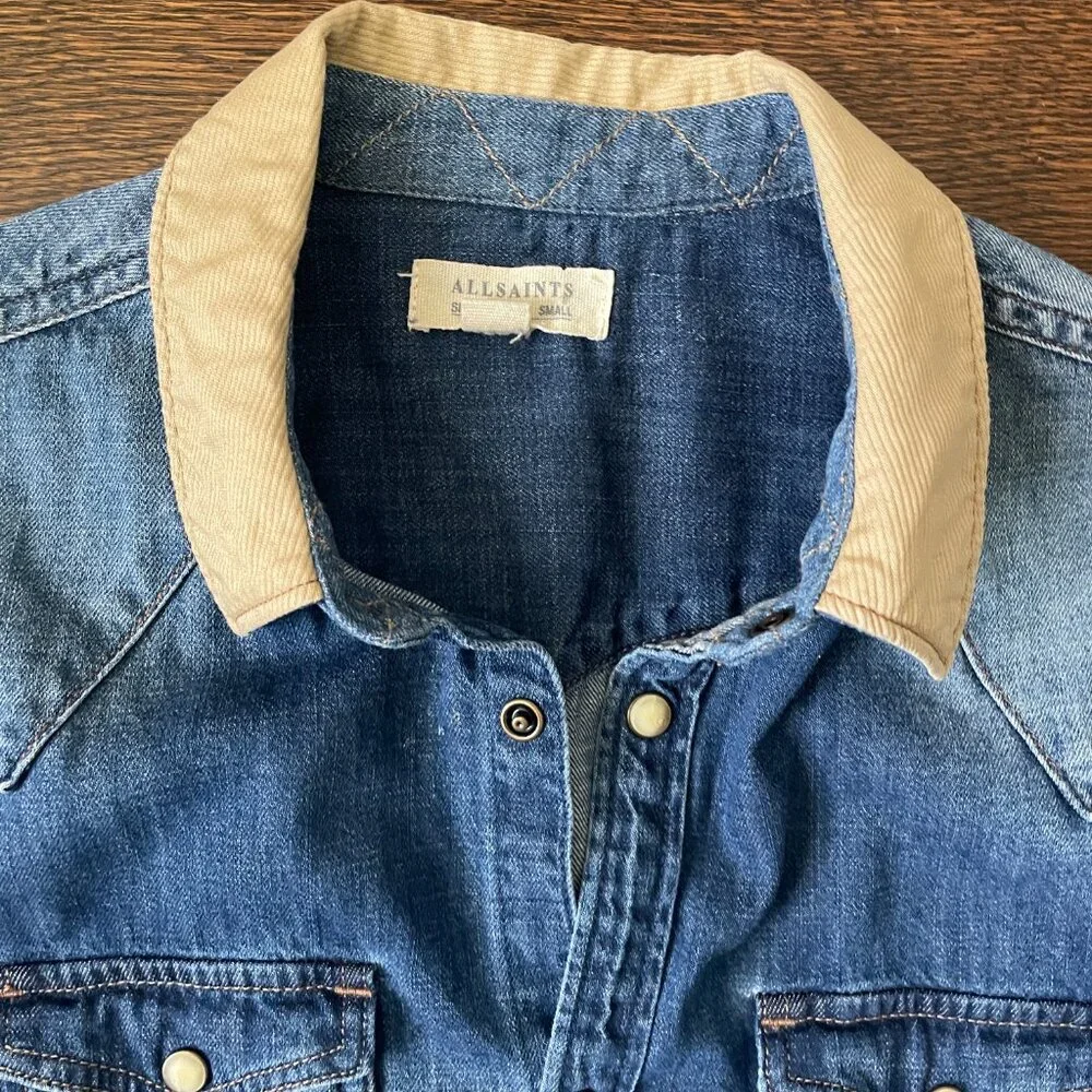 Men's All Saints Snap Buttons denim shirt with corduroy collar-Size S - Picture 2 of 9